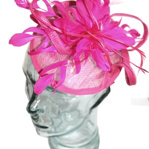 Pink Rose Sinamay headband fascinator, accented with feathers and flower image 4