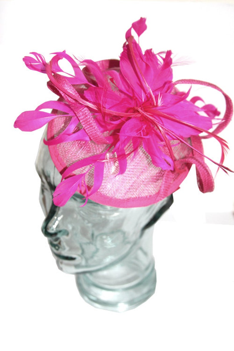 Pink Rose Sinamay headband fascinator, accented with feathers and flower image 4