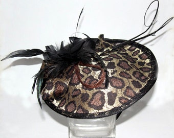 Brown/Black/Gold Sinamay leopard print headband fascinator, accented with feathers