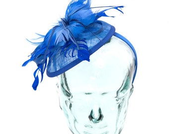 Royal Blue Sinamay headband fascinator, accented with feathers and flower