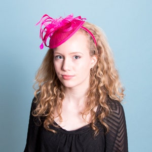 Pink Rose Sinamay headband fascinator, accented with feathers and flower image 1