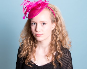 Pink Rose Sinamay headband fascinator, accented with feathers and flower