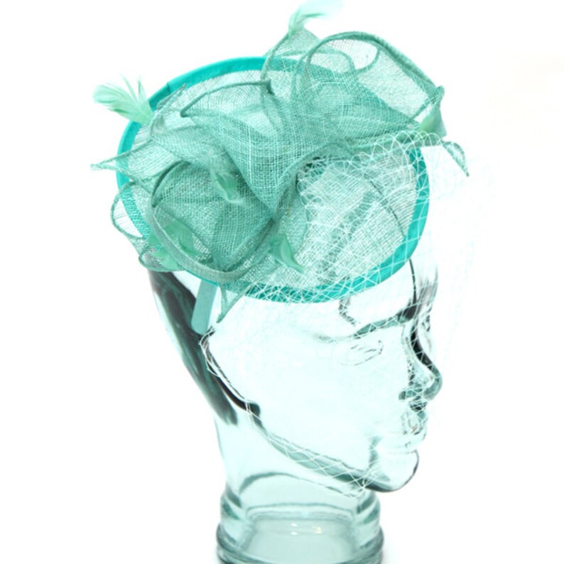 Seafoam Green Sinamay headband fascinator, accented with veil and feathers image 1