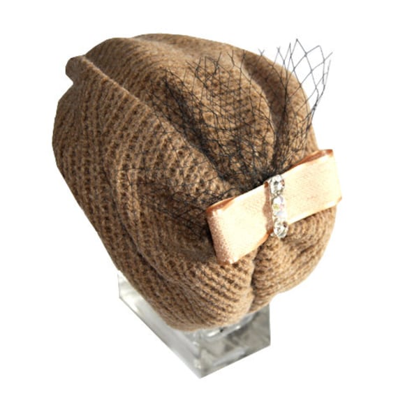 Mocha Latte Wool Topi/ Headband/ fascinator with mesh, ribbon and jewelry