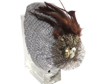 Steel Gray Wool Topi/ Headband/ fascinator with feather, tulle and vintage buttons