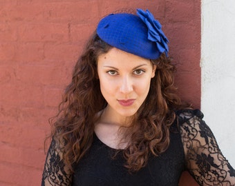 Blue Sapphire Vintage Style Felt Hat accented with flower