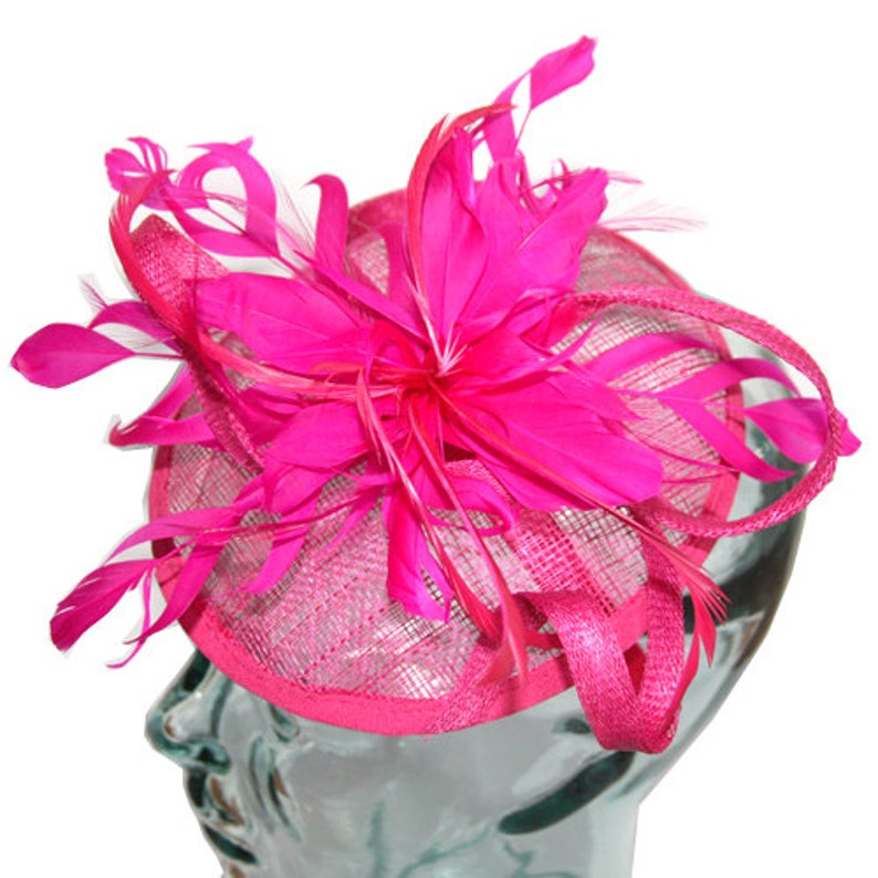 Pink Rose Sinamay headband fascinator, accented with feathers and flower image 2