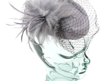 Gray Vintage Style Wool Hat accented with feather and veil