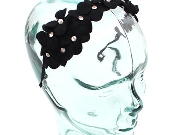 Headband accented with a felt flower and jewels, color Jet