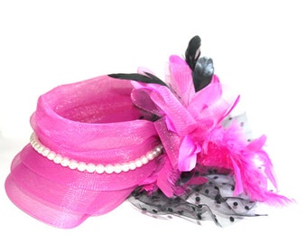Fuschia Fascinator with tulle and pearls, accented with feather