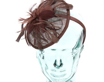Brown Sinamay headband fascinator, accented with feathers and flower