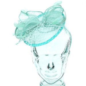 Seafoam Green Sinamay headband fascinator, accented with veil and feathers image 2