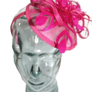 Pink Rose Sinamay headband fascinator, accented with feathers and flower image 3