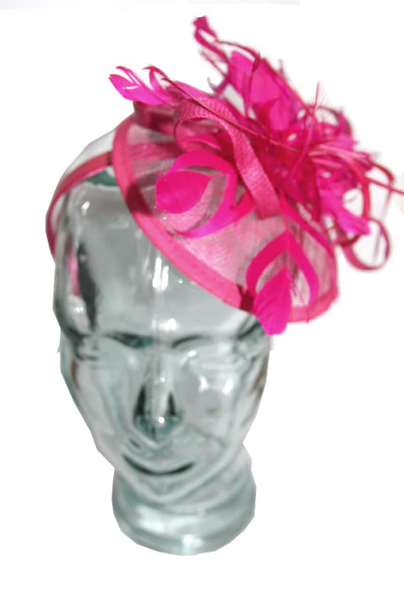 Pink Rose Sinamay headband fascinator, accented with feathers and flower image 3