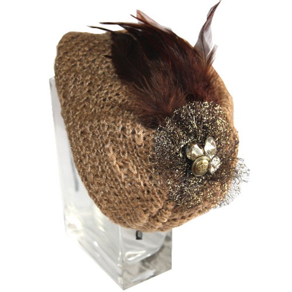 Mocha brown Wool Topi/ Headband/ fascinator with feather, tulle and vintage buttons