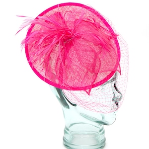 Pink Rose Sinamay headband fascinator, accented with feathers, flower and veil