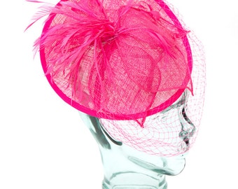 Pink Rose Sinamay headband fascinator, accented with feathers, flower and veil