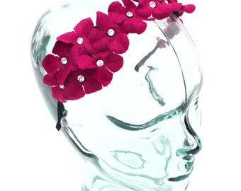 Headband accented with a felt flower and jewels, color Fuschia