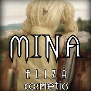 May include: An image featuring a woman in a vintage yellow dress, holding a book. The text "MINA ELIZA COSMETICS" is overlaid in a stylized font, suggesting a cosmetic brand with a classic aesthetic.