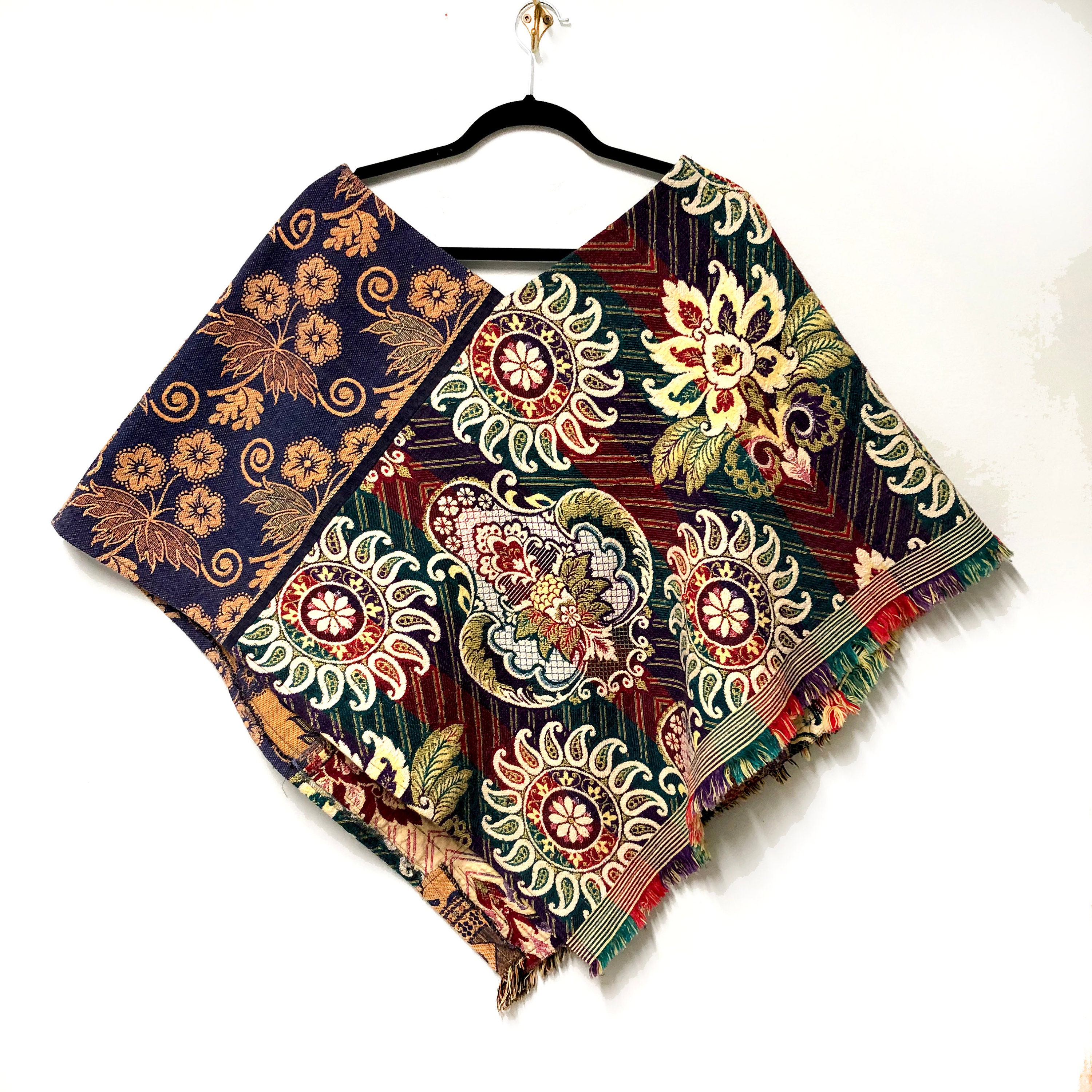 Boho Multicolored Heavy Cotton Poncho Upcycled Clothing for | Etsy