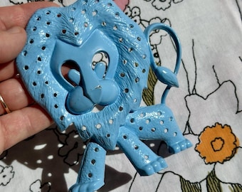 VTG Torino Lion Earring Tree Jewelry Stand Holder Blue Metal 1960s