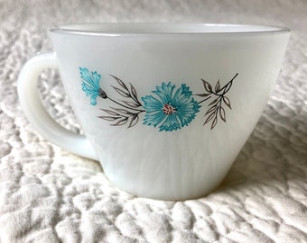 Vintage Fire King Oven Ware Milk Glass Bonnie Blue Carnation Cup