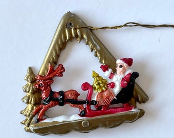 Vintage Italian Christmas Diorama Ornament Chalet Santa and Sleigh - Plastic - Made in Italy - 1950s