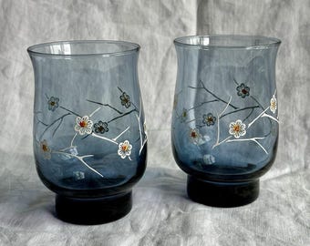 Vintage Libbey Dogwood Floral Smokey Blue 12 oz Tumbler Glasses Set of 2