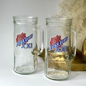 Vintage 1987 NFL Football Super Bowl XXI 7&quot; Mug Glass Steins Broncos vs Giants