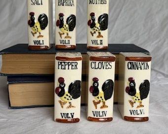 VTG Japan Ceramic Kitchen Spice Jar Containers Books with Roosters Set of 6