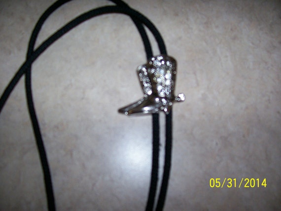 Bolo Tie, Silver boot with rhinestones, cloth tie - image 1