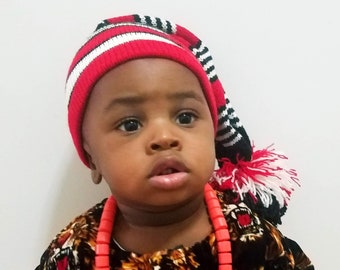 Kid's Traditional Isiagu Knitted Hat. Igbo red & White Wool hat. Ohafia War Hat.