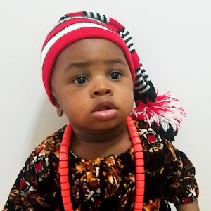 Kid's Traditional Isiagu Knitted Hat. Igbo red & White Wool hat. Ohafia War Hat.