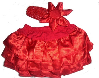 2 Pcs Girl Baby Bloomer Diaper-Cover Ruffle Skirt W/t Headband Red Blue and Blue