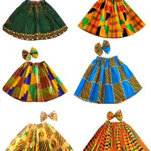 2 Pcs African prints Ankara Girls Kente Dashiki Skirt With Clip Hair Bow