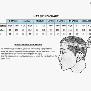May include: Hat sizing chart with a diagram showing how to measure your head for the correct hat size. The chart shows hat sizes in inches and centimeters, ranging from X-Small to 3X-Large.
