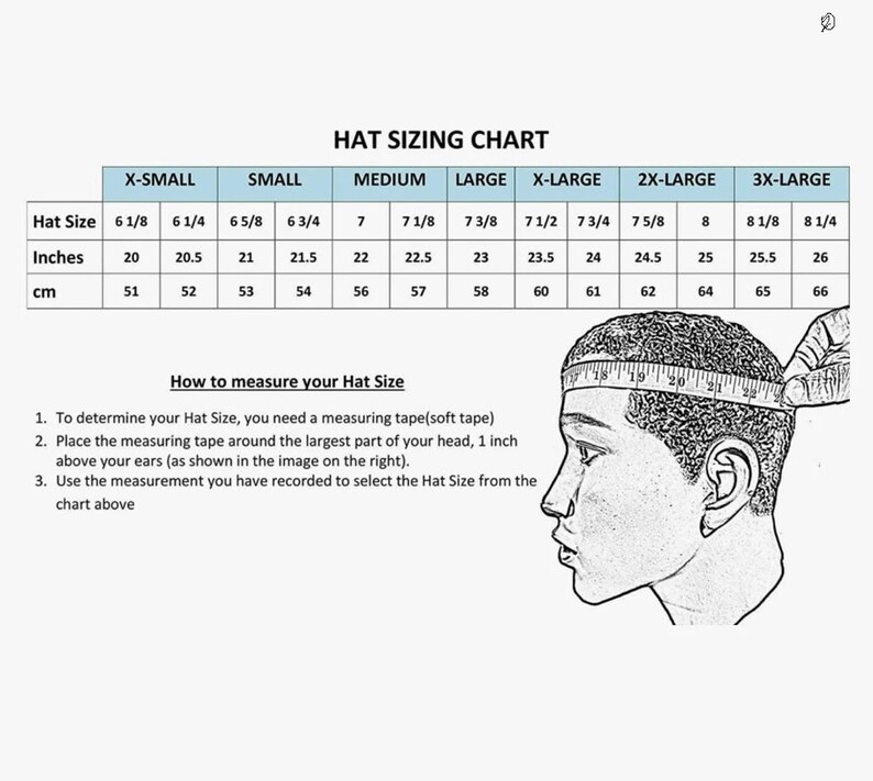 May include: Hat sizing chart with a diagram showing how to measure your head for the correct hat size. The chart shows hat sizes in inches and centimeters, ranging from X-Small to 3X-Large.