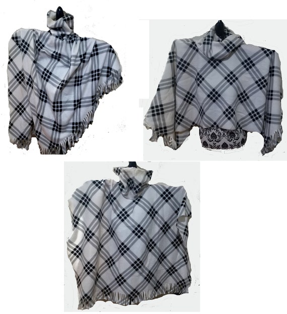 Gray Plaid Fleece Fringed Poncho With Cowl Neck