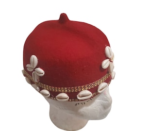 Traditional Red kufi Wool Hat With Cowries. Larry  Gaga style cap. Igbo Red HatCap