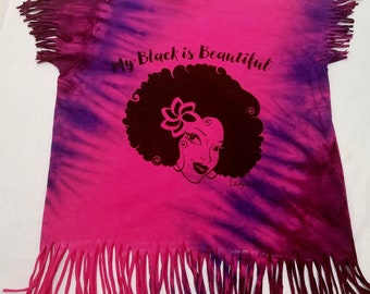 My Black Is Beautiful Tie Dye Fringed T-Shirt. Pink Blue purple