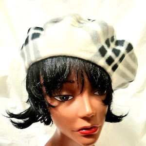 Large Cream White Checkered French Fleece Beret Hat