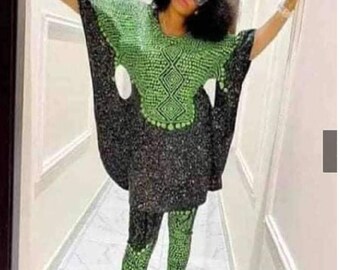 African Batik Boubou & leggings Outfit Set. Fits  L, XL, XXL