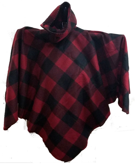 Red & Black Buffalo Checkered Fleece Poncho With Cowl Neck | Etsy