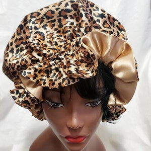 XL Reversible Solid And Animal Prints Satin Bonnet. More Colors