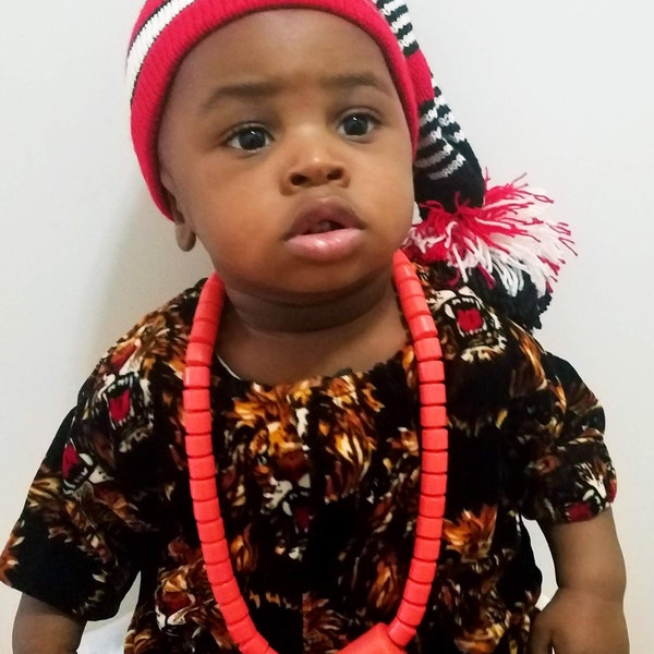 Tête de lion traditionnelle pour enfants Isiagu Haut en velours à manches courtes Taille enfant 3T. Haut/Collier/Bracelet/Chapeau