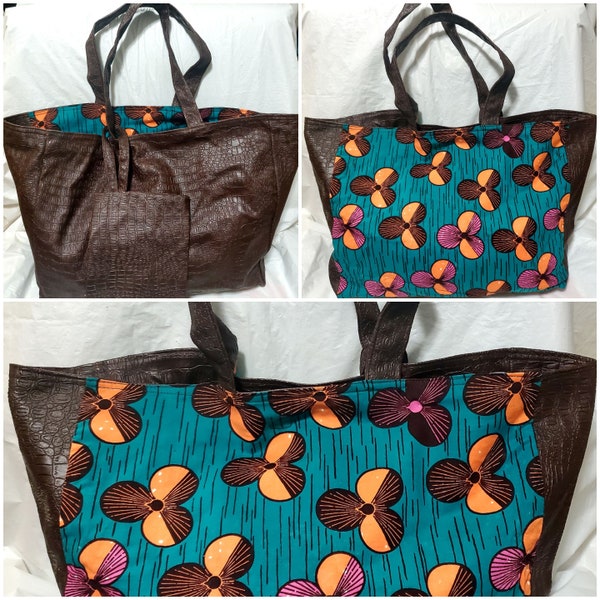 Stylish Reversible Large tote bag. Reversible African print  Ankara And Leather Tote Handbag. 3 colors Available