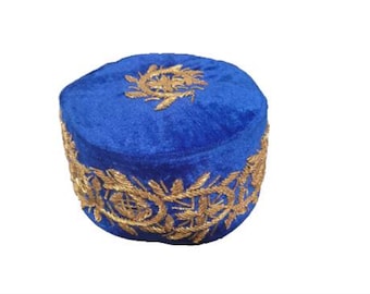 Traditional Igbo Nigerian kufi Beaded Velvet Chieftain Hat. Nigerian Wedding. Groom's Red, Blue cap.
