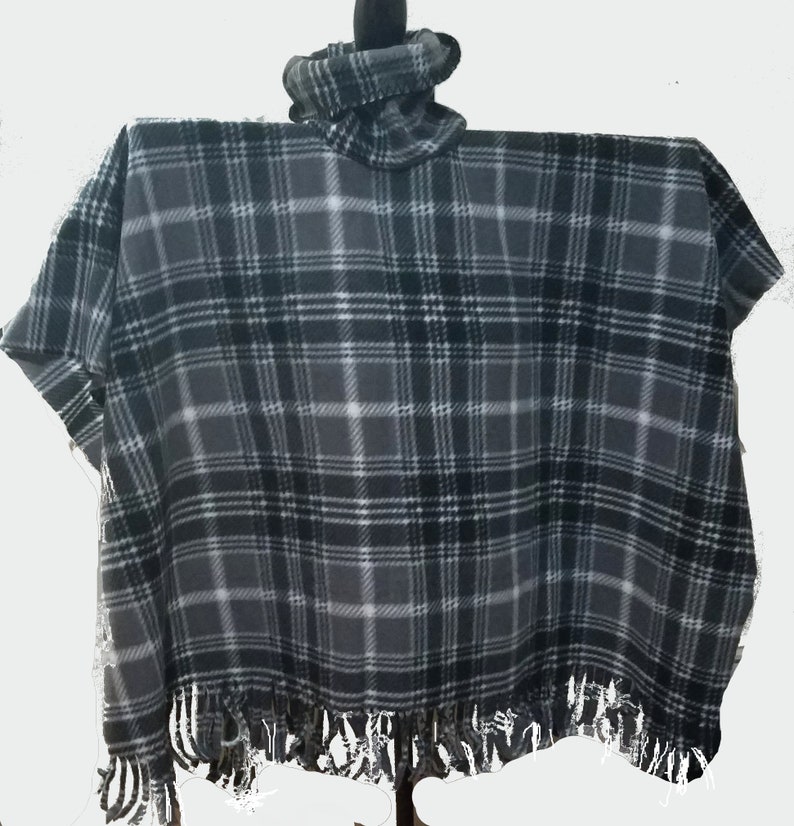 Gray Plaid Fleece Fringed Poncho With Cowl Neck