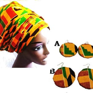 Afrikaanse stof Ankara Kente Prints Head Wrap, Hook Dangle Oorbellen- Kies