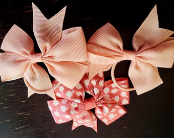 3 Pcs Plain & Print Grosgrain Ribbon Bowknot Ponytail Hair and Clip Bow Set- More Colors to Choose.